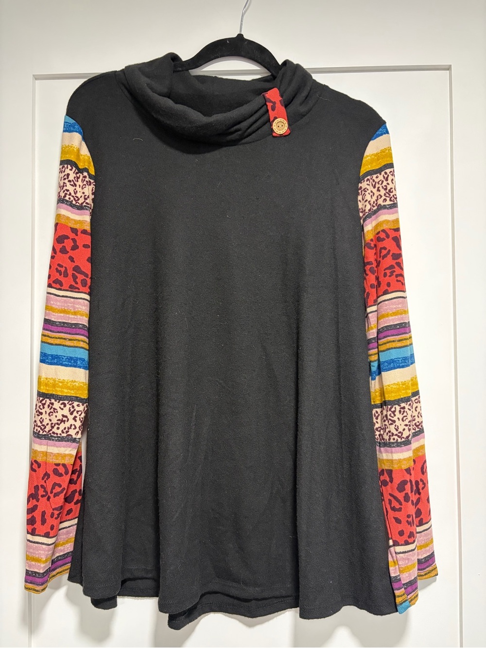 7th Ray Black Tunic with Multicolor Patterned Sleeves